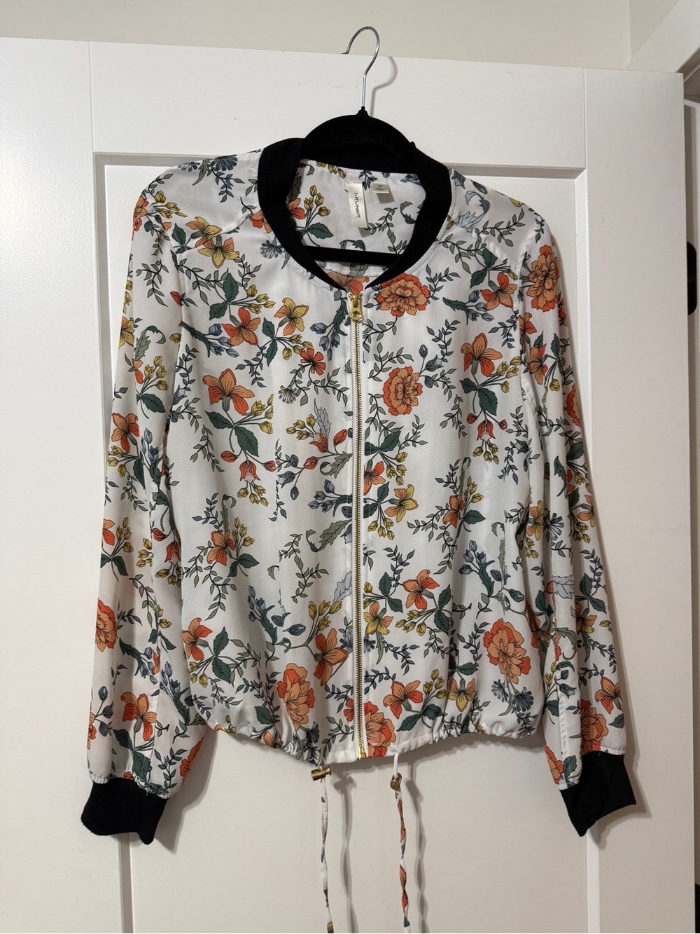 Tacera White Floral Bomber Jacket with Black Trim